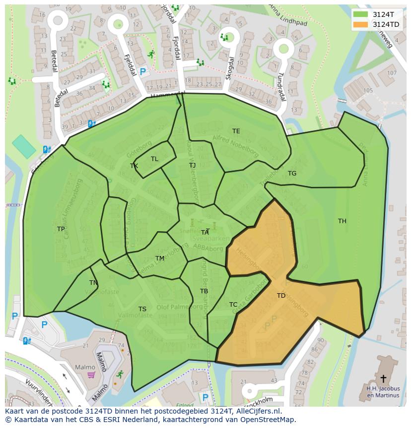 Afbeelding van het postcodegebied 3124 TD op de kaart.