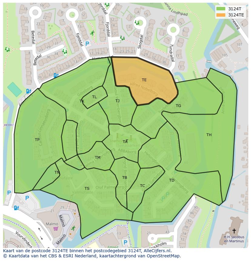 Afbeelding van het postcodegebied 3124 TE op de kaart.