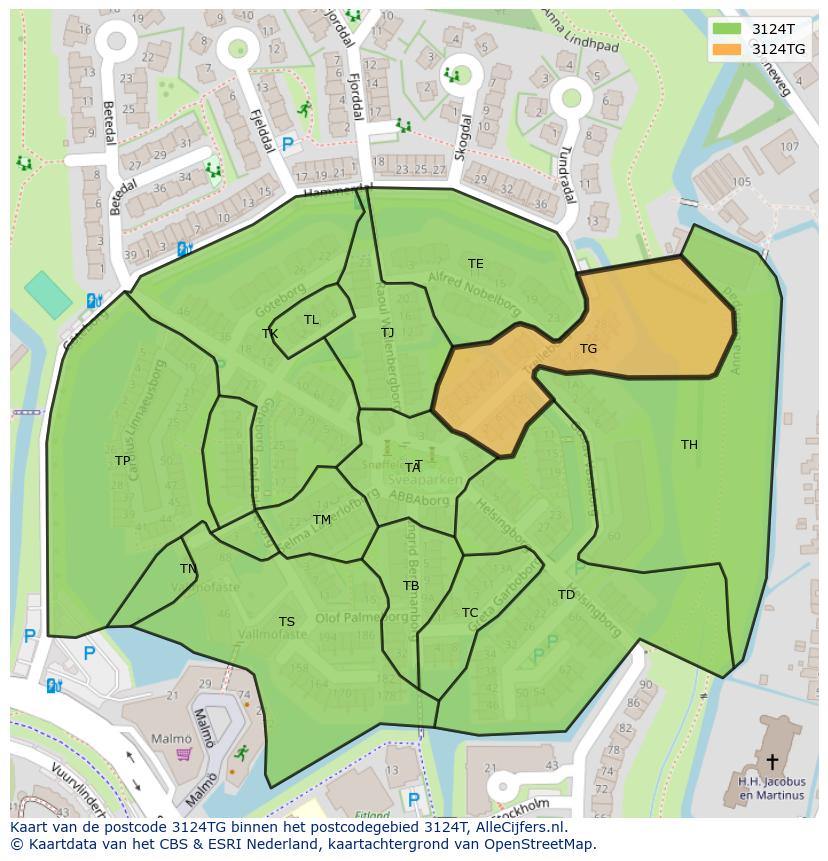Afbeelding van het postcodegebied 3124 TG op de kaart.
