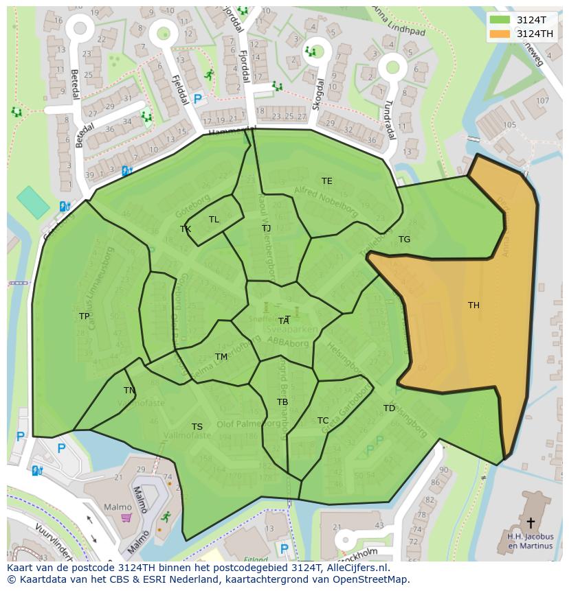 Afbeelding van het postcodegebied 3124 TH op de kaart.