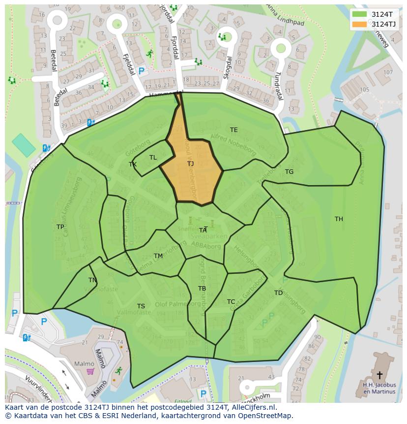 Afbeelding van het postcodegebied 3124 TJ op de kaart.
