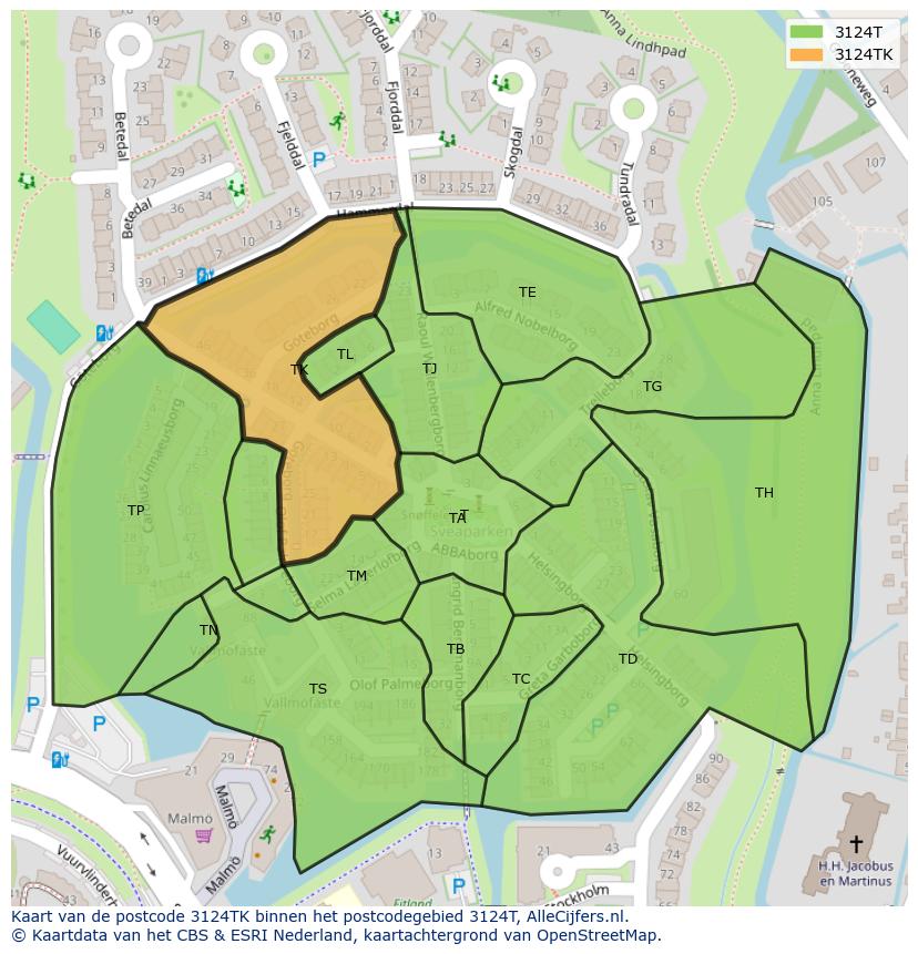 Afbeelding van het postcodegebied 3124 TK op de kaart.