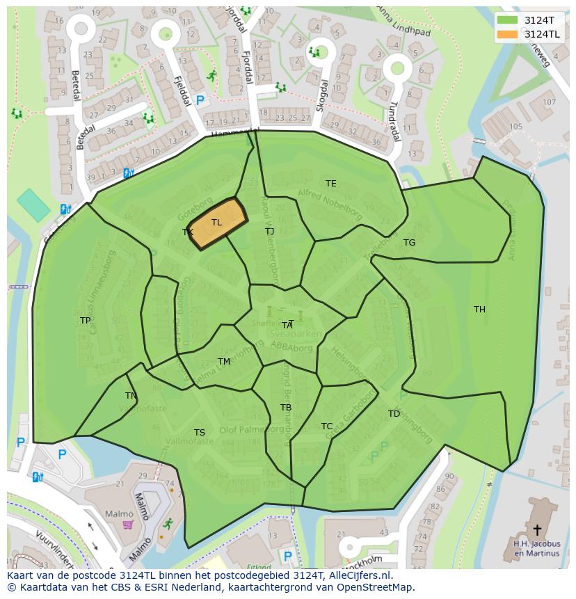 Afbeelding van het postcodegebied 3124 TL op de kaart.