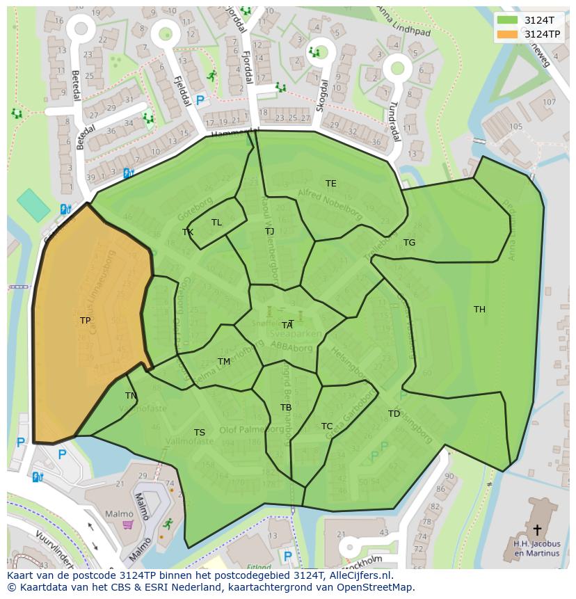 Afbeelding van het postcodegebied 3124 TP op de kaart.