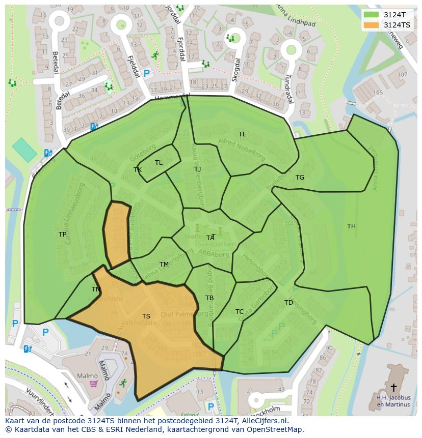 Afbeelding van het postcodegebied 3124 TS op de kaart.
