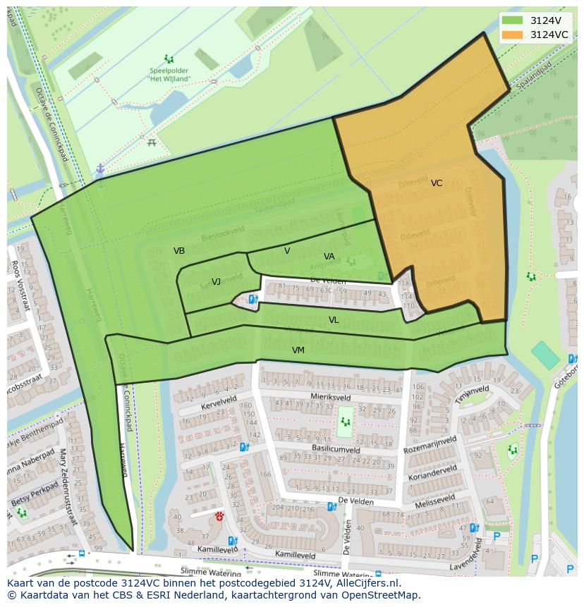 Afbeelding van het postcodegebied 3124 VC op de kaart.