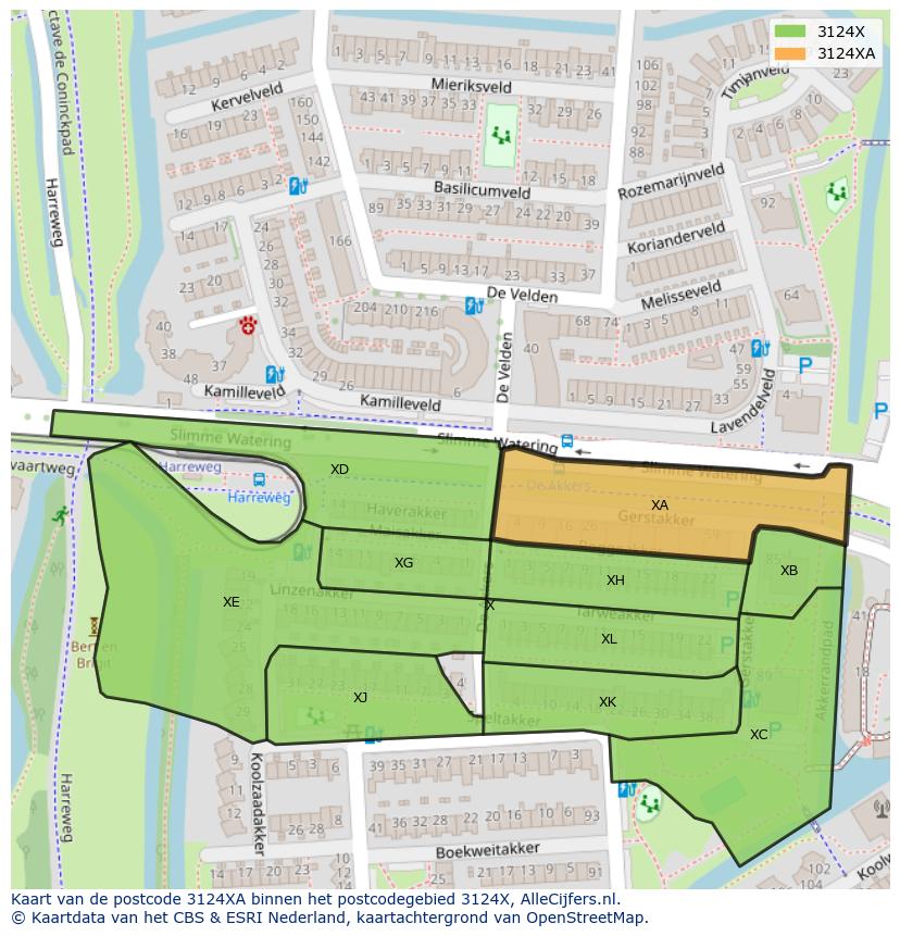 Afbeelding van het postcodegebied 3124 XA op de kaart.