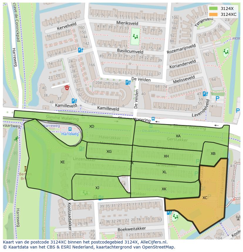Afbeelding van het postcodegebied 3124 XC op de kaart.