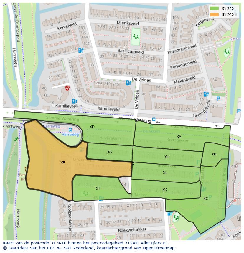 Afbeelding van het postcodegebied 3124 XE op de kaart.