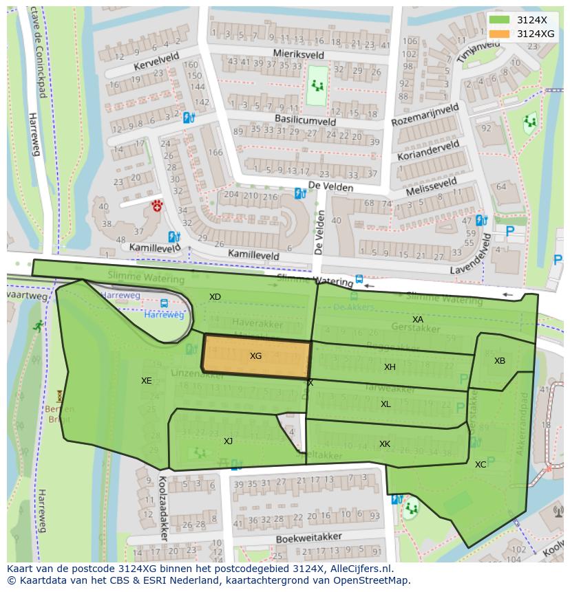 Afbeelding van het postcodegebied 3124 XG op de kaart.
