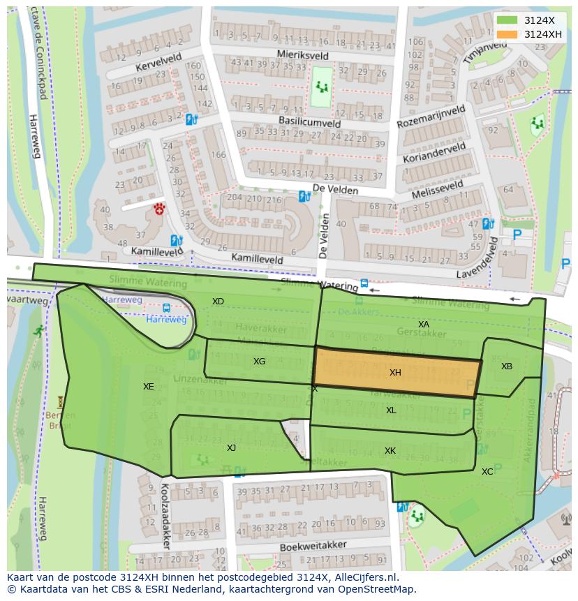 Afbeelding van het postcodegebied 3124 XH op de kaart.
