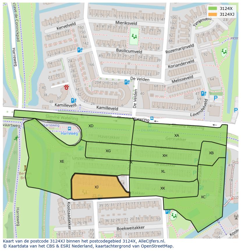 Afbeelding van het postcodegebied 3124 XJ op de kaart.