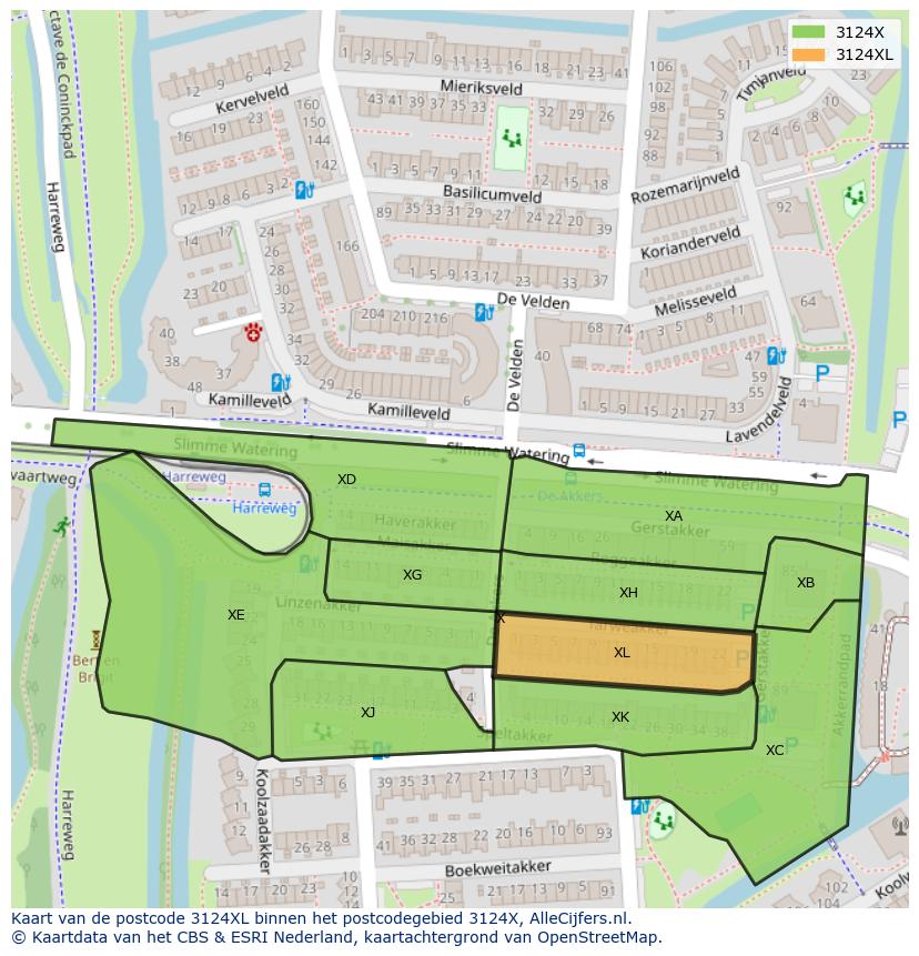 Afbeelding van het postcodegebied 3124 XL op de kaart.