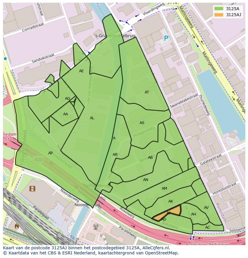 Afbeelding van het postcodegebied 3125 AJ op de kaart.