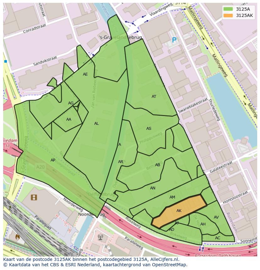 Afbeelding van het postcodegebied 3125 AK op de kaart.