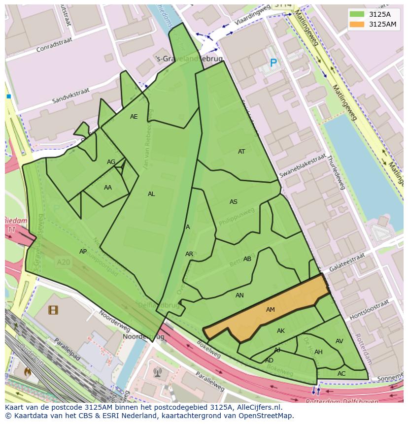 Afbeelding van het postcodegebied 3125 AM op de kaart.