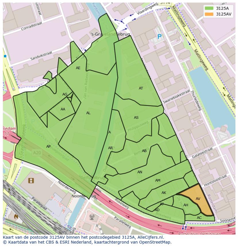 Afbeelding van het postcodegebied 3125 AV op de kaart.