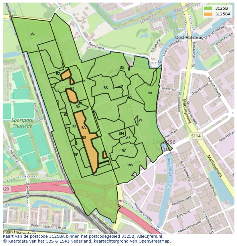 Afbeelding van het postcodegebied 3125 BA op de kaart.