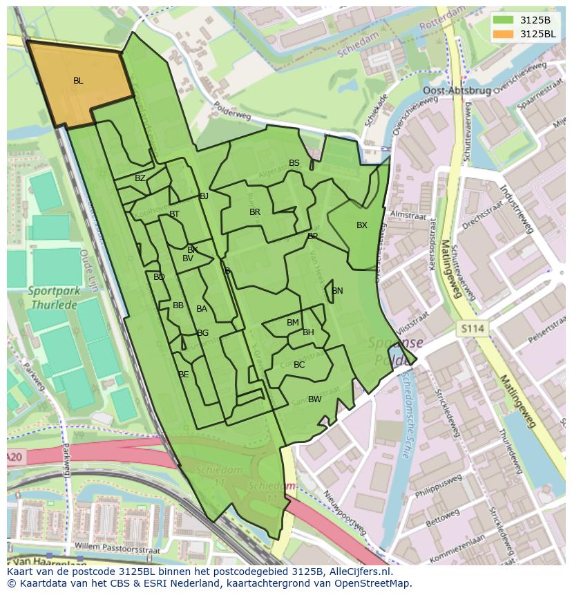 Afbeelding van het postcodegebied 3125 BL op de kaart.