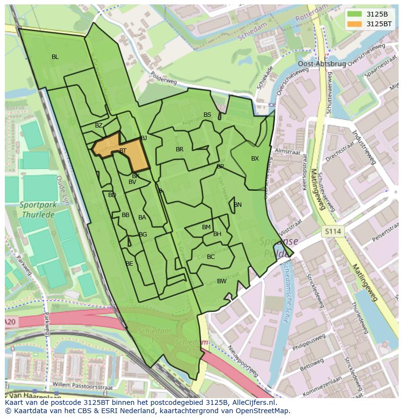 Afbeelding van het postcodegebied 3125 BT op de kaart.