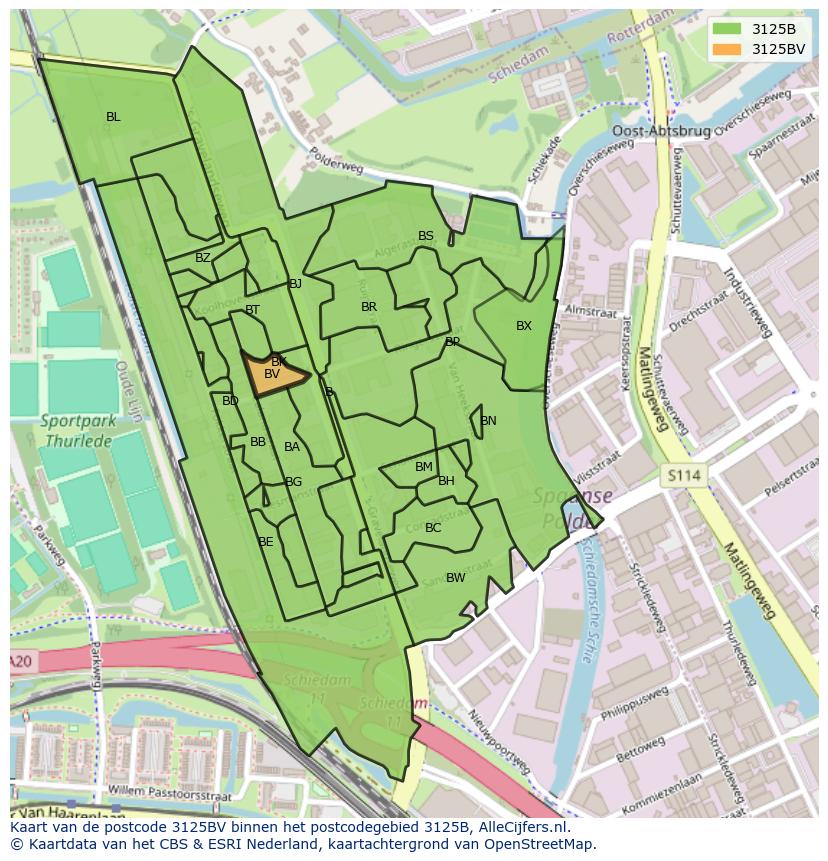 Afbeelding van het postcodegebied 3125 BV op de kaart.