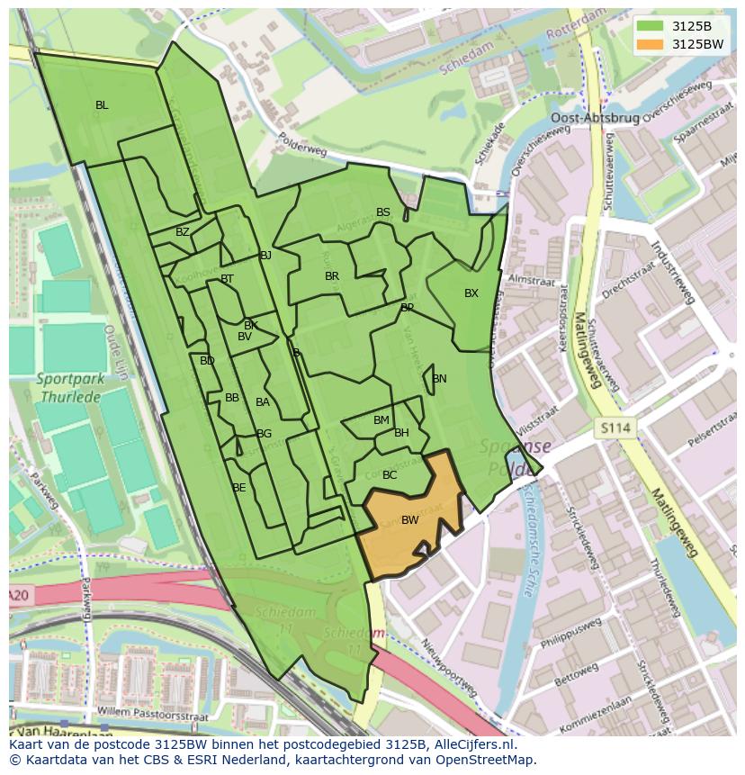 Afbeelding van het postcodegebied 3125 BW op de kaart.