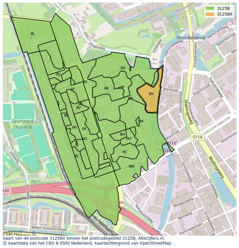 Afbeelding van het postcodegebied 3125 BX op de kaart.