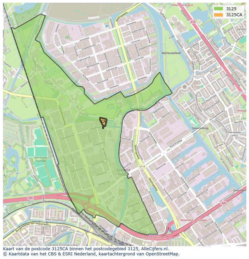 Afbeelding van het postcodegebied 3125 CA op de kaart.