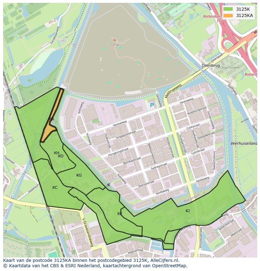 Afbeelding van het postcodegebied 3125 KA op de kaart.