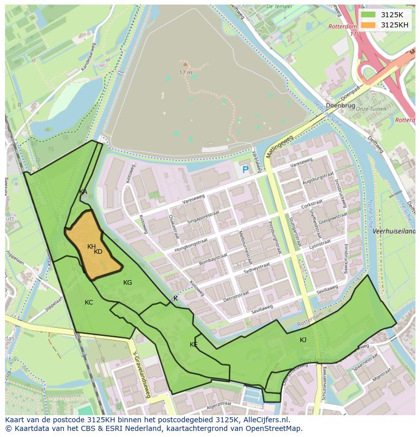 Afbeelding van het postcodegebied 3125 KH op de kaart.