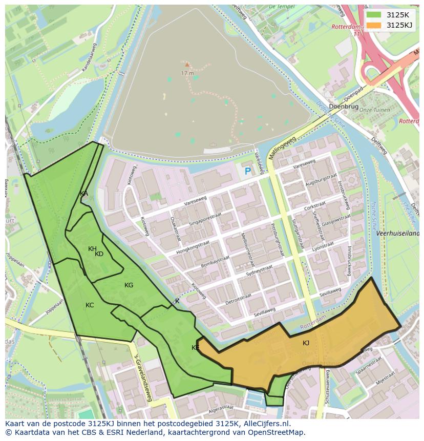 Afbeelding van het postcodegebied 3125 KJ op de kaart.