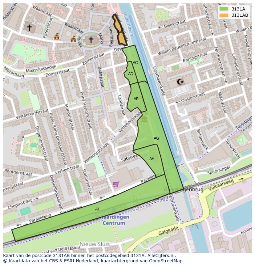 Afbeelding van het postcodegebied 3131 AB op de kaart.