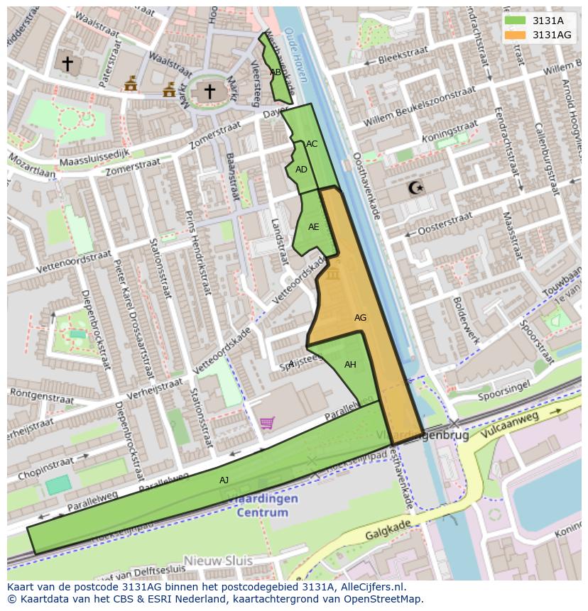 Afbeelding van het postcodegebied 3131 AG op de kaart.