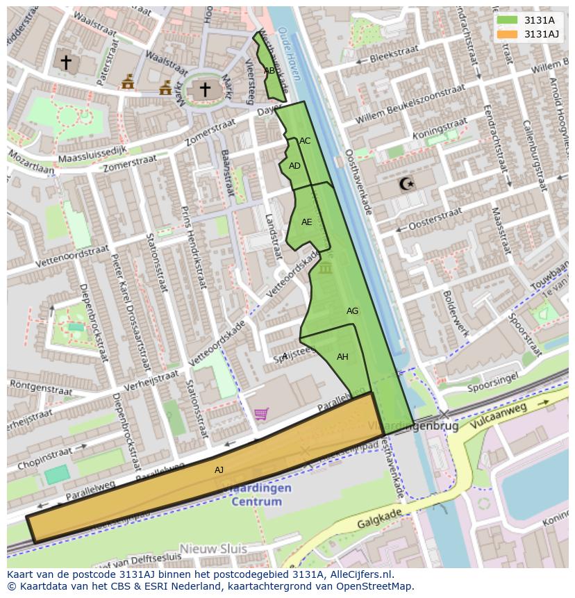 Afbeelding van het postcodegebied 3131 AJ op de kaart.