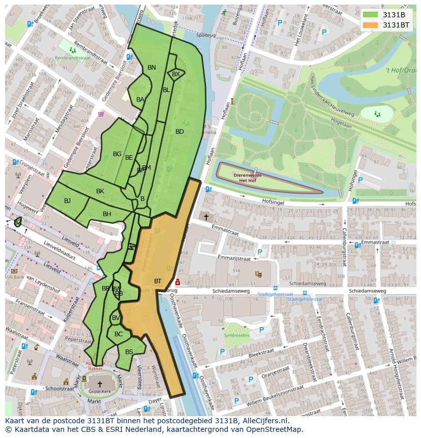 Afbeelding van het postcodegebied 3131 BT op de kaart.