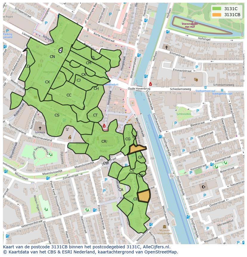 Afbeelding van het postcodegebied 3131 CB op de kaart.