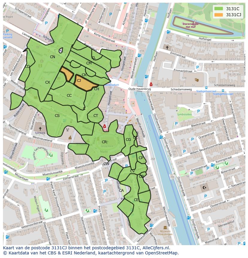 Afbeelding van het postcodegebied 3131 CJ op de kaart.
