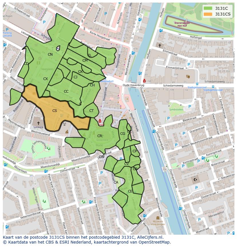 Afbeelding van het postcodegebied 3131 CS op de kaart.