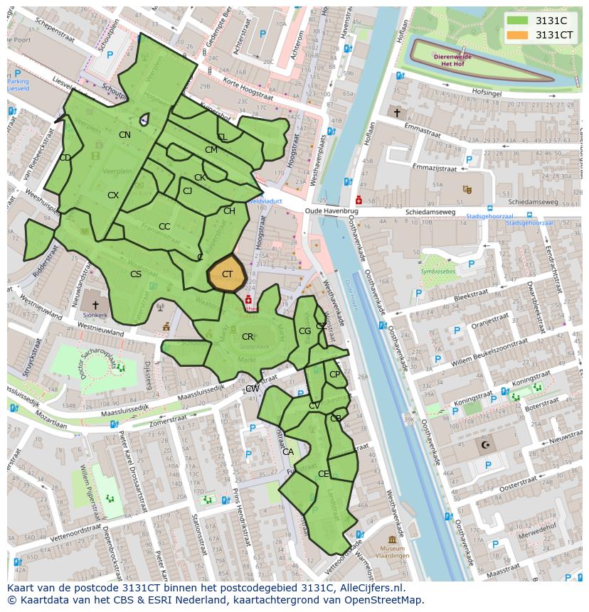 Afbeelding van het postcodegebied 3131 CT op de kaart.