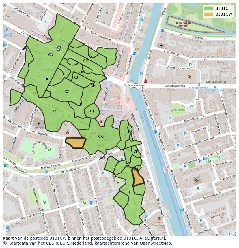 Afbeelding van het postcodegebied 3131 CW op de kaart.