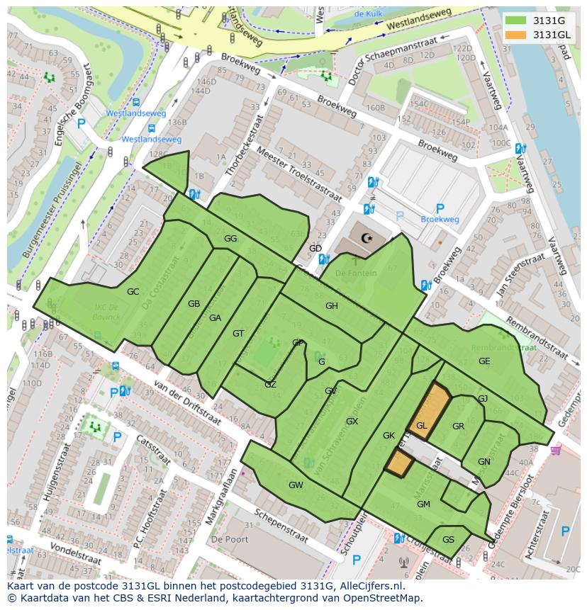Afbeelding van het postcodegebied 3131 GL op de kaart.