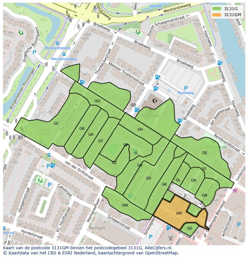 Afbeelding van het postcodegebied 3131 GM op de kaart.