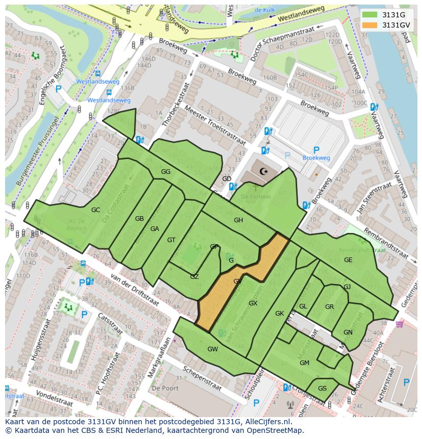 Afbeelding van het postcodegebied 3131 GV op de kaart.