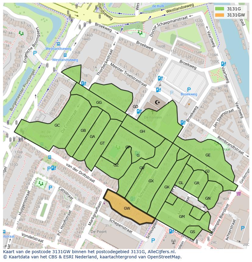 Afbeelding van het postcodegebied 3131 GW op de kaart.