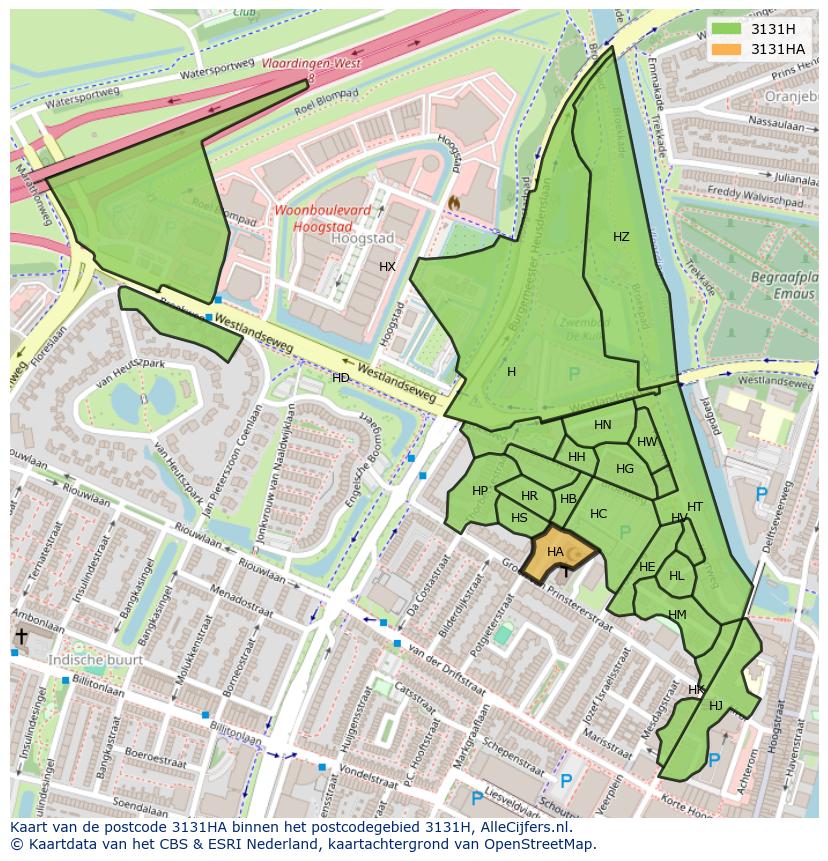 Afbeelding van het postcodegebied 3131 HA op de kaart.