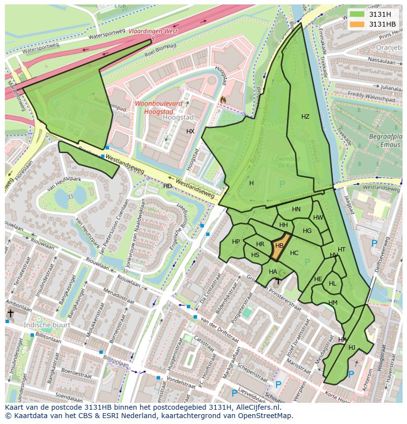 Afbeelding van het postcodegebied 3131 HB op de kaart.