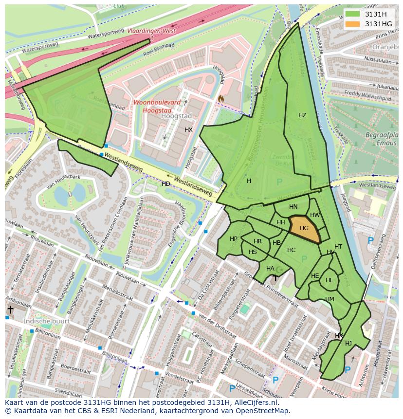 Afbeelding van het postcodegebied 3131 HG op de kaart.