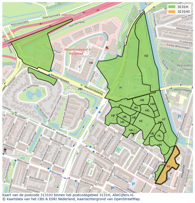 Afbeelding van het postcodegebied 3131 HJ op de kaart.
