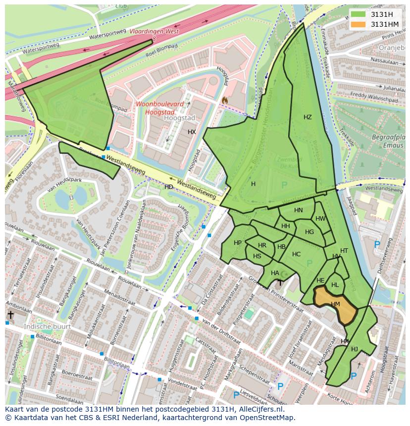 Afbeelding van het postcodegebied 3131 HM op de kaart.