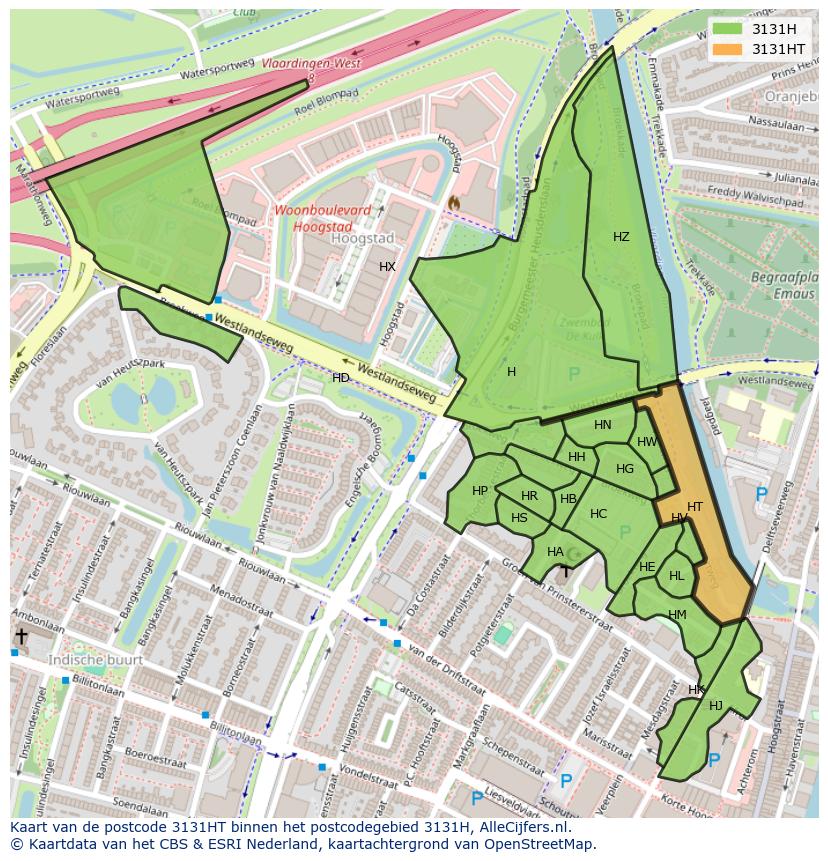 Afbeelding van het postcodegebied 3131 HT op de kaart.